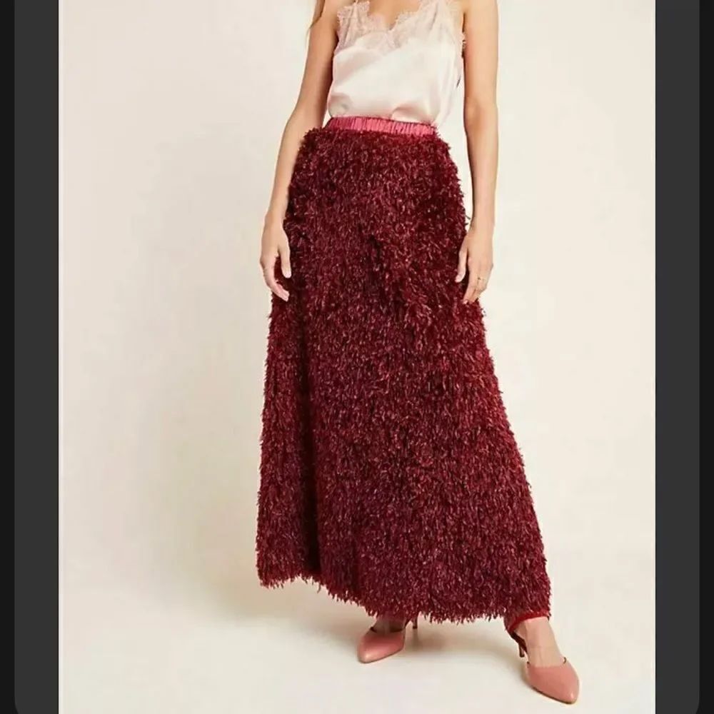 Anthropologie Chantal Feathered Maxi Skirt | Size XS | Color: Wine